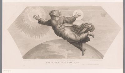 Bóg stwarza słońce i księżyc Fecit duet luminaria magna. gen. I. Fredericae Belgii (tytuł na obiekt) Les loges de Raphaël (...) sujets de la bible (tytuł serii) Sceny biblijne z loży Rafaela (tytuł serii) autorstwa Jozef Karel De Meulemeester