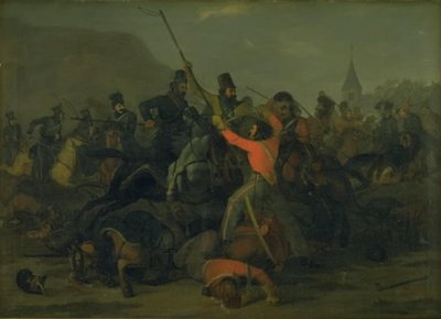 Upadek pułkownika Boncke Bönnichsena 6 grudnia 1813 r. podczas pojedynku jutlandzkich dragonów i kozaków autorstwa Jørgen V. Sonne