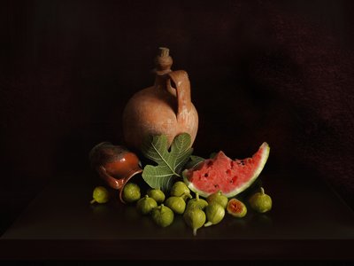 Martwa natura z figami i arbuzem autorstwa Juan Antonio Palacios