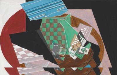 Szachownica i karty do gry, 1915 (gwasz, grafit i żywica na kremowym papierze plecionym, przymocowane do tektury) autorstwa Juan Gris
