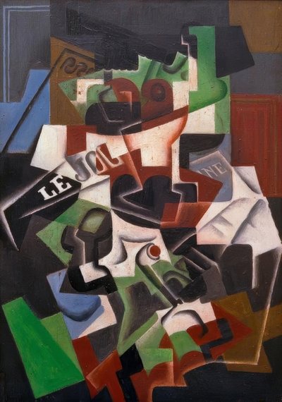 Miska na owoce, fajka i gazeta autorstwa Juan Gris