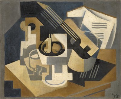 Gitara i miska na owoce na stole autorstwa Juan Gris