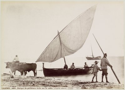Ossen trekken vissersboot het strand op w Walencji VALENCE.- Łódka rybacka ciągnięta na piasku. (z natury) (tytuł na przedmiocie) autorstwa Juan Laurent