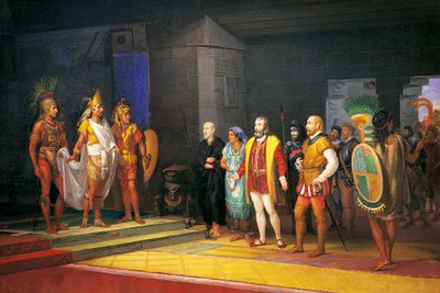 Hernan Cortez spotyka Montezumę w Meksyku autorstwa Juan Ortega