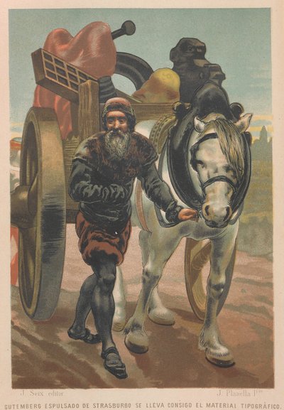 Johannes Gutenberg opuszcza Strasburg. Od: Nauka i jej ludzie, 1879. autorstwa Juan Planella y Rodríguez