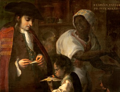Hiszpan i czarny produkują mulat, ok. 1715 autorstwa Juan Rodríguez Juárez
