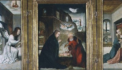 Tryptyk Narodzenia Chrystusa z Narodzenia Pańskiego po bokach Zwiastowania (panel) (patrz także 82427) autorstwa Juan de (school of) Flandes