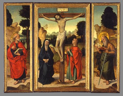 Ukrzyżowanie z Dziewicą i Świętymi Janem Ewangelistą, Piotrem i Pawłem, ok. 1520-1540 autorstwa Juan de Borgoña