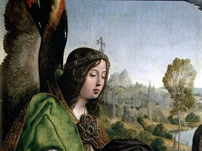 Chrzest Chrystusa, fragment głowy anioła (olej na desce) autorstwa Juan de Flandes