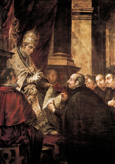 Święty Ignacy Loyola otrzymuje bullę zakonu jezuitów od papieża Pawła III, obraz Juan de Valdes Leal autorstwa Juan de Valdes Leal