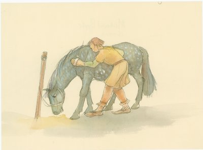 Średniowieczny pan młody szczotkujący konia, 2004. autorstwa Judith Dobie