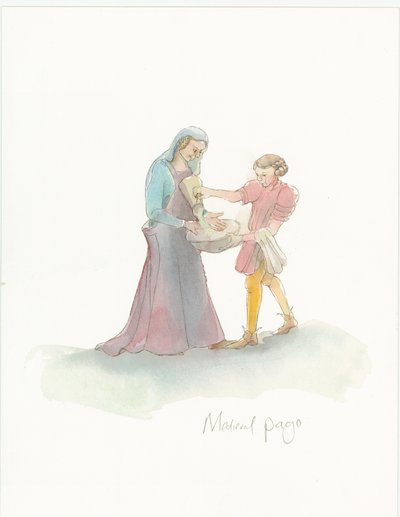 Średniowieczna kartka pomagająca kobiecie umyć ręce, 2004. autorstwa Judith Dobie