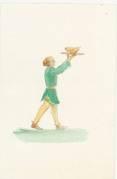 Średniowieczny kelner niosący półmisek z jedzeniem, 2004. autorstwa Judith Dobie