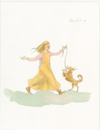 Średniowieczna kobieta bawiąca się z psem, 2004. autorstwa Judith Dobie