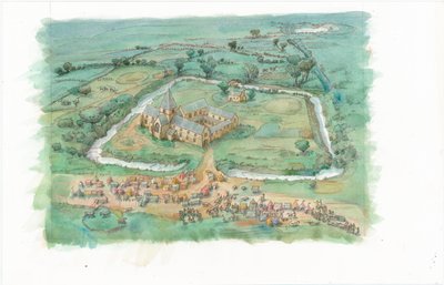Obraz rekonstrukcyjny przedstawiający ukośny widok na Latton Priory, tak jak mogło ono wyglądać pod koniec XII wieku. autorstwa Judith Dobie