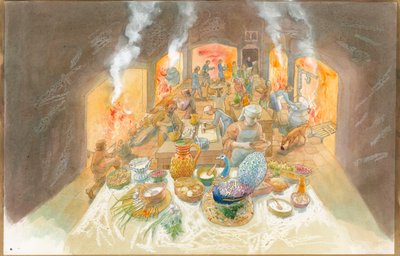 Wczesnośredniowieczna scena kuchenna (akwarela na papierze) autorstwa Judith Dobie