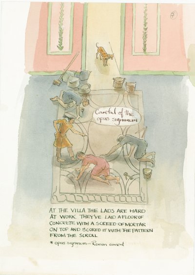 Mistrz i jego pracownicy kładą podłogę pod mozaikę Julii, 2003. autorstwa Judith Dobie