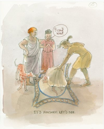 Mistrzowski rzemieślnik odsłania mozaikową podłogę Marcusowi i Julii, 2003. autorstwa Judith Dobie