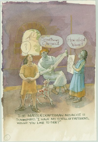 Dwie postacie rozmawiające z mistrzem rzemiosła i mozaiką, 2003. autorstwa Judith Dobie