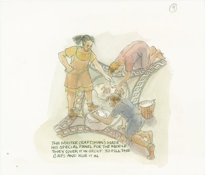 Dwóch robotników spoinujących panel podłogowy wykonany i nadzorowany przez mistrza, 2003. autorstwa Judith Dobie