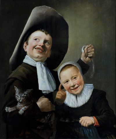 Chłopiec i dziewczynka z kotem i węgorzem, ok. 1635 (olej na dębie) autorstwa Judith Leyster