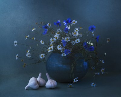 Martwa natura z niebieską stokrotką i czosnkiem autorstwa Judy Tseng