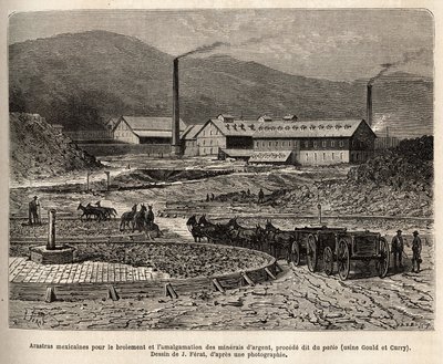 meksykańskie arastry (obszar deptany przez stopy mułów, jak deptanie blesów) do mielenia i łączenia rud srebra (fabryki Gould i Curry) w okolicach Virginia City (Nevada), grawerowanie według rysunku J.Ferata , ilustracje autorstwa Jules (after) Ferat