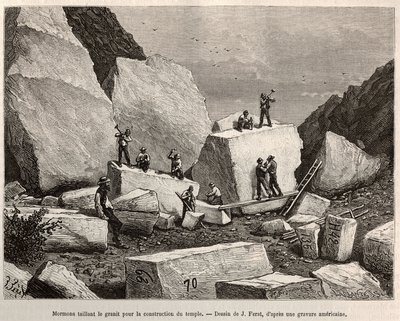 Mormon rzeźbiony granit do budowy świątyni. Grawer na podstawie rysunku J.Ferata, aby zilustrować historię La conquete blanche, Williama Hepwortha Dixona, w 1875, opublikowany w „” Le tour du monde””” 1876, pod redakcją Edouarda Chartona, wyd. Hachette, Pa autorstwa Jules (after) Ferat