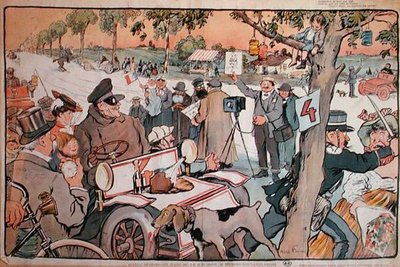 Karykatura M. Fourniera wyruszającego na rajd Paryż-Berlin autorstwa Jules Abel Faivre
