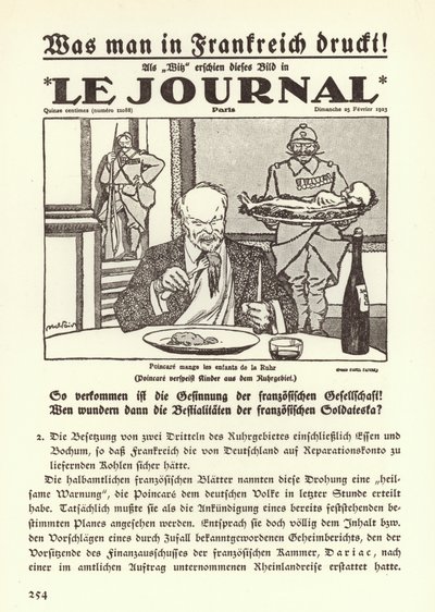 Niemiecka propaganda przedstawiająca pierwszą stronę francuskiej gazety z karykaturą przedstawiającą premiera Raymonda Poincare jedzącego dzieci Zagłębia Ruhry podczas francuskiej okupacji regionu autorstwa Jules Abel Faivre