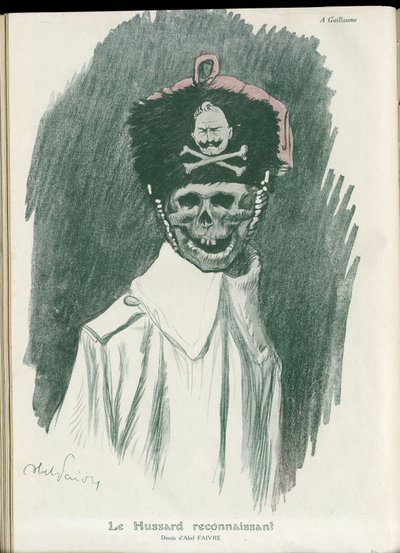 Ilustracja autorstwa Abla Faivre (1867-1945) w „”Fantasio””, 01.05.15 - Wdzięczny Huzar - Wojna 14-18, Niemcy Pruski - Wilhelm II, Żniwiarz/Towarzysz - Śmierć, TwarzeRiantes autorstwa Jules Abel Faivre