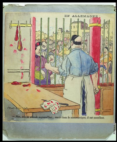 „Nie, dziś nie ma mięsa… ale przeczytaj komunikat, jest znakomicie”, karykatura głodu w Niemczech, ok. 1917 autorstwa Jules Abel Faivre