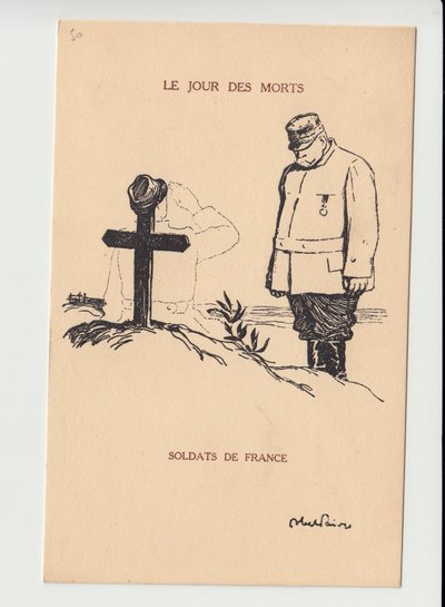 Pocztówka, Satyryka w N & B, ca. 1915: Dzień Zmarłych - Wojna 14-18, Mourning Obseques Funerailles - Joffre, Żołnierze Ilustracja Abela Faivre