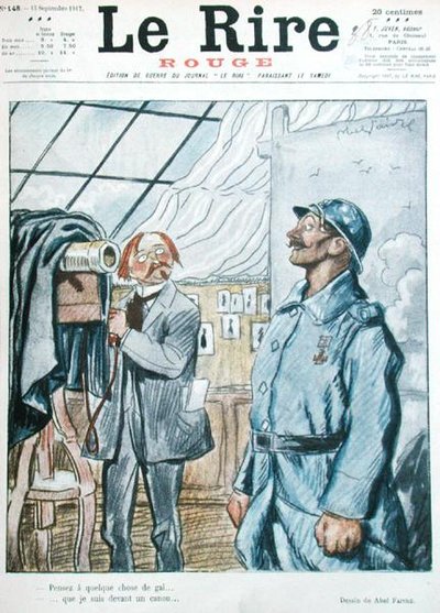 Francuski żołnierz z fotografem, karykatura z okładki „Le Rire Rouge” autorstwa Jules Abel Faivre