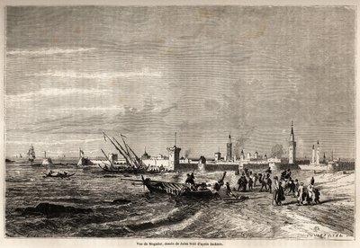 Widok Essaouiry (dawniej Mogador), rysunek Julesa Noela (1810-1881), ilustrujący Mr.F. Podróż Schicklera do Maroka w 1860 roku. Grawerowanie w „”Le tour du monde, nouveau journal des voyages””Paryż autorstwa Jules Achille Noel