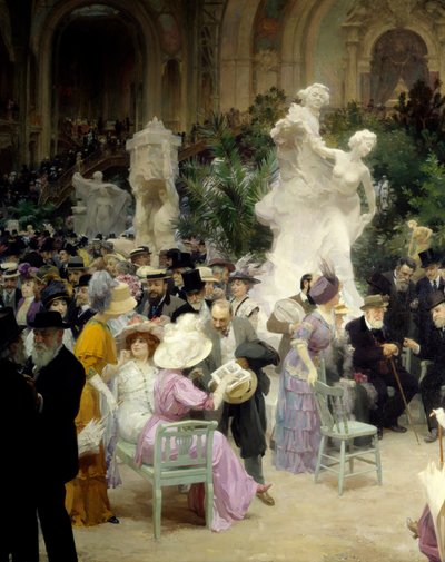Belle epoque: „”Piątek Salon des artistes francais”””Mondanites podczas wystawy sztuki w Grand Palais w Paryżu. Szczegół. Obraz Julesa Alexandre Gruna (1868-1934) 1911 Rouen. Muzeum Sztuk Pięknych autorstwa Jules Alexandre Gruen or Grun