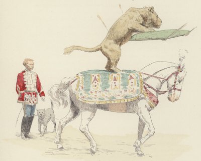 Lew balansujący na koniu (kolor litho) autorstwa Jules Arsene (after) Garnier