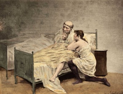 Młoda dziewczyna spowiadająca się bratu Royddimetowi, siedząca w swoim łóżku. Pantagruel. Ilustracja Julesa Garniera. W "Rabelais et l
