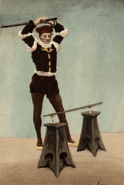 Eustenes uderzający kijem zawieszonym na dwóch szklankach ustawionych przez Panurge