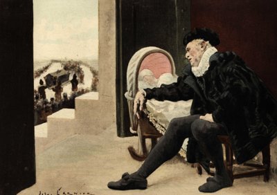 Gargantua czuwający nad swoim synem, Pantagruelem, i obserwujący pogrzeb Badebec, jego żony. Pantagruel. Ilustracja autorstwa Julesa Garniera. W "Rabelais et l