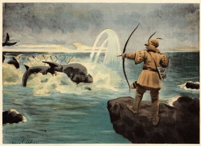 Pantagruel zabijający morskiego potwora Physetere strzałami. Pantagruel. Ilustracja autorstwa Julesa Garniera. W "Rabelais et l
