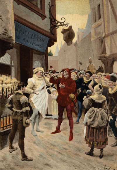 Paryż, Roustissoir (rożen) w Peer Chatelet. Konflikt między pracownikiem a mężczyzną oskarżonym o niezapłacenie za posiłek. Pantagruel. Ilustracja Julesa Garniera. W "Rabelais et l