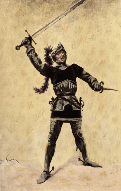 Picrochole, król Lerne, ubrany w zbroję i wymachujący mieczem. Gargantua. Ilustracja Julesa Garniera. W "Rabelais et l