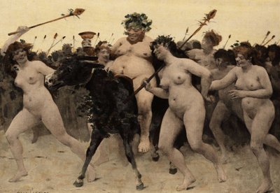 Sileneus (Silene) na osiołku prowadzący armię Bachusa (Dionizosa, Bacco) podczas bitwy między Bachusem (Dyonisosem, Bacco) a Hindusami. Mozaika w Świątyni Butelki. Pantagruel. Ilustracja Julesa Garniera. W "Rabelais et l