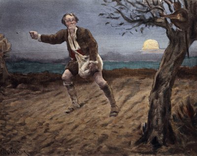 Diabeł, siedzący na drzewie, rozmawiający z chłopem siejącym pieski. Pantagruel. Ilustracja Julesa Garniera. W "Rabelais et l