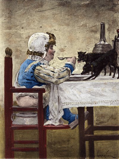 Psy Grandbuckthorna, ojca Gargantui, jedzące na talerzu Gargantui. Gargantua. Ilustracja autorstwa Julesa Garniera. W "Rabelais et l