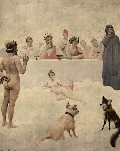 Bóg ogrodów Priapus przed radą bogów. W centrum Iupiter (Jowisz, Zeus). Po jego lewej stronie Bachus (Dionizos, Bacco). Na dole pies i lis. Pantagruel. Ilustracja Julesa Garniera. W "Rabelais et l