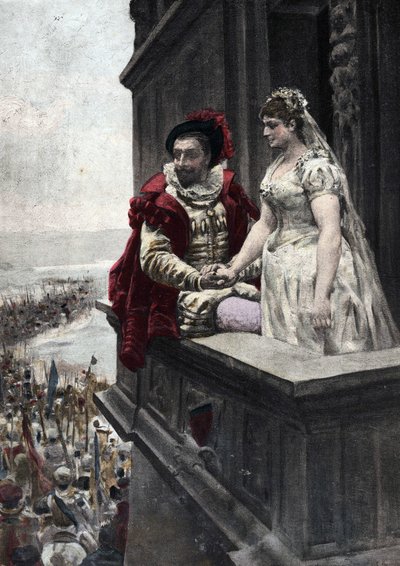 Młodzi żonaci mężczyźni obserwujący żołnierzy idących na wojnę. Pantagruel. Ilustracja Julesa Garniera. W "Rabelais et l