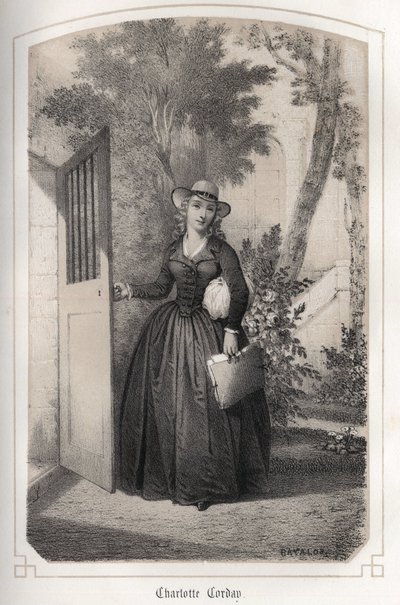 Portret Charlotte Corday (1768 - 1793). w „Wielkich kobietach Francji” hrabiny DROHOJOWSKIEJ. ILUSTRACJE BĘBNÓW MM JULESA I BAYALOSA. około 1850 roku. autorstwa Jules and Bayalos Aime de David