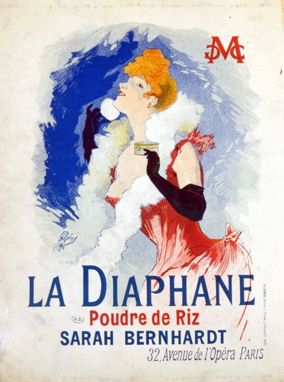Reklama „”La Diaphane: proszek ryżowy””” Henriette Rosine Bernard dit Sarah Bernhardt autorstwa Jules Cheret